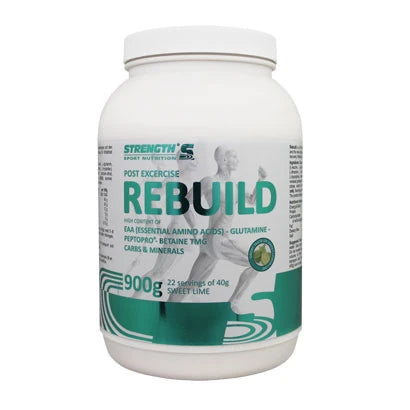 Strength Sport Nutrition Post Workout Rebuild 900 g, vit burk med turkosa detaljer och text för smaken Sweet Lime.