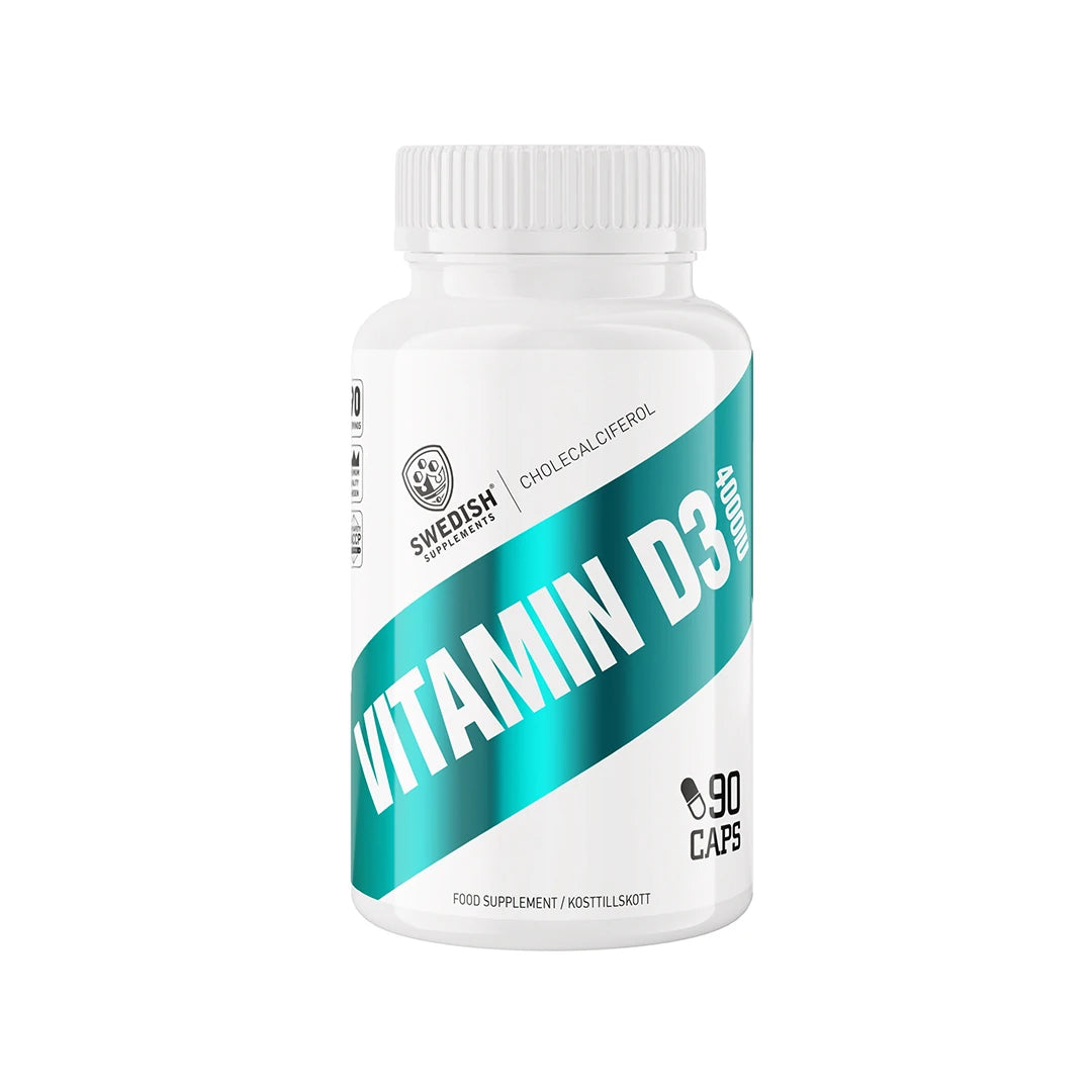 Swedish Supplements Vitamin D3 90 caps förpackad i en vit burk med turkosa detaljer.