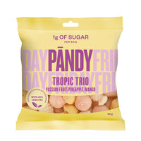 Pändy Candy 50 g Tropic Trio gelégodis förpackat i en gul påse med lila text.
