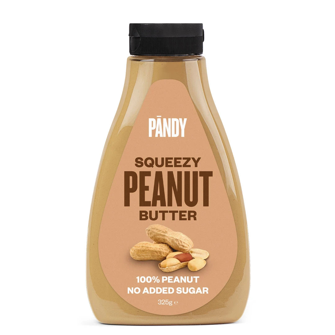 Pändy Squeezy 325 g jordnötssmör i en smidig squeeze-flaska med svart lock och etikett som visar jordnötter.