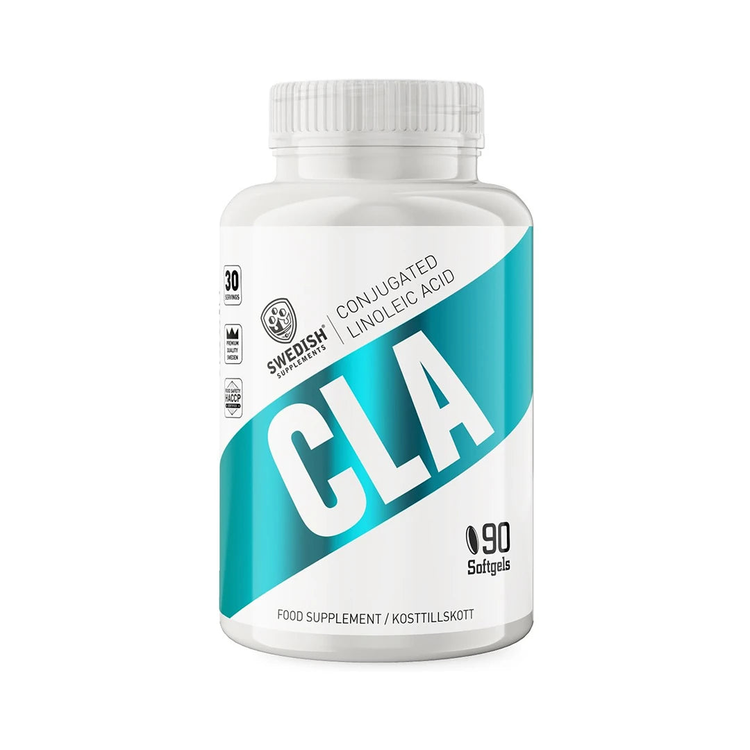 Swedish Supplements CLA 90 caps kosttillskott i en vit burk med turkosa detaljer och svart text.