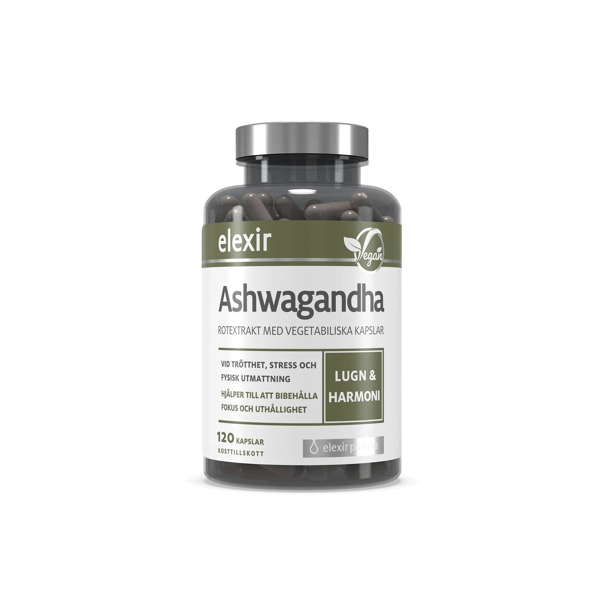 Elexir Pharma Ashwagandha 120 caps i en transparent burk med silverlock och vit-grön etikett, fylld med mörka kapslar.