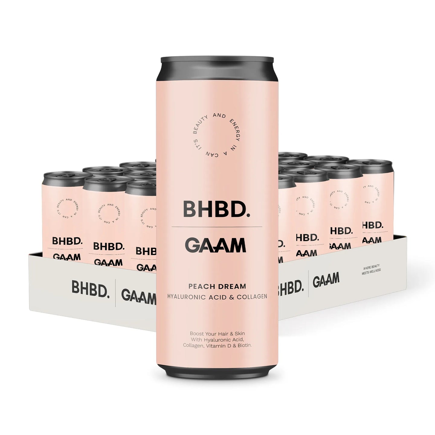 24 x GAAM X BHBD Collagen Energy Drink 330 ml Peach Dream i ett vitt flak med matchande ljusrosa burkar och svart text.