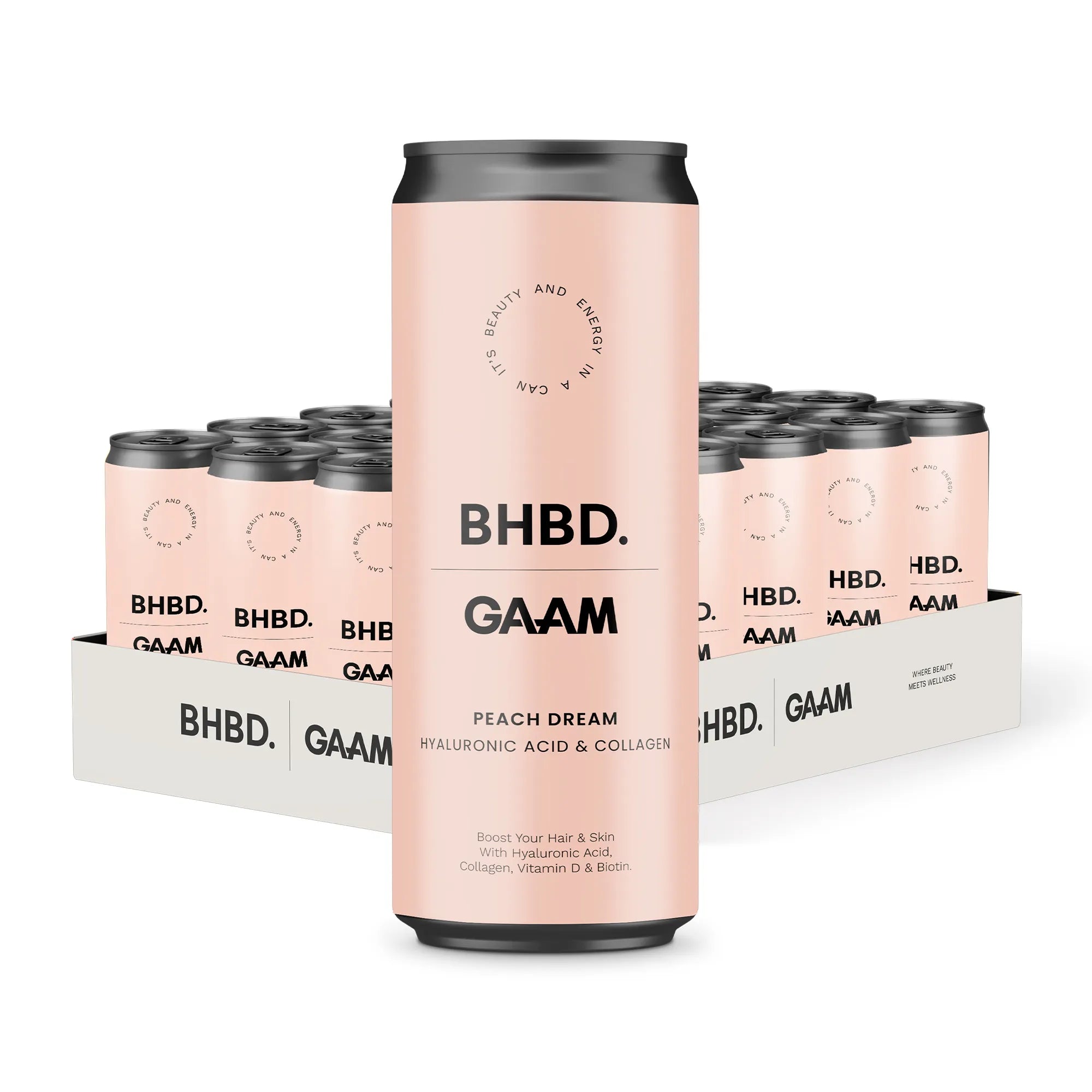 24 x GAAM X BHBD Collagen Energy Drink 330 ml Peach Dream i ett vitt flak med matchande ljusrosa burkar och svart text.