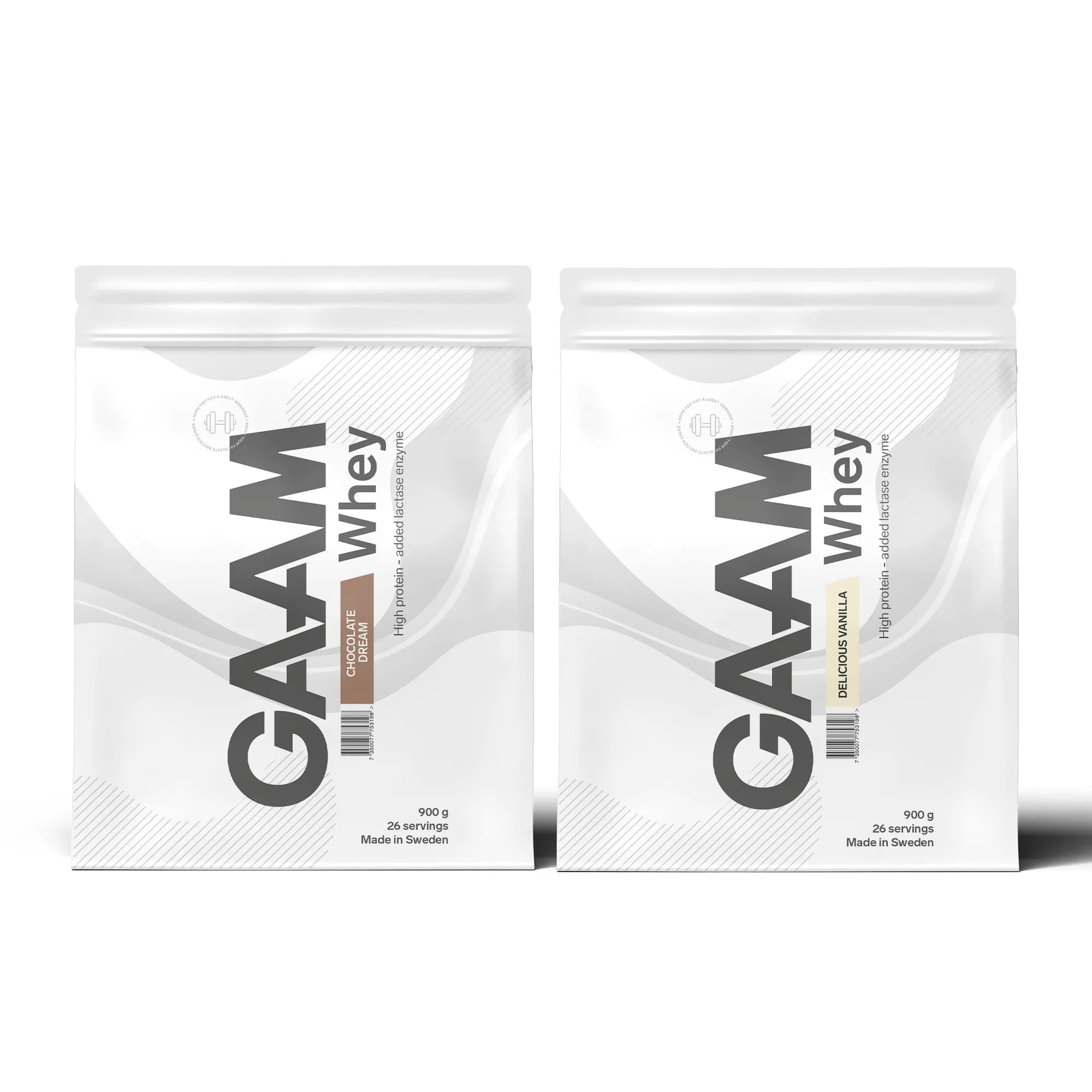 2 x GAAM Whey 900 g proteinpulver i två vita påsar för smakerna Chocolate Dream och Delicious Vanilla.