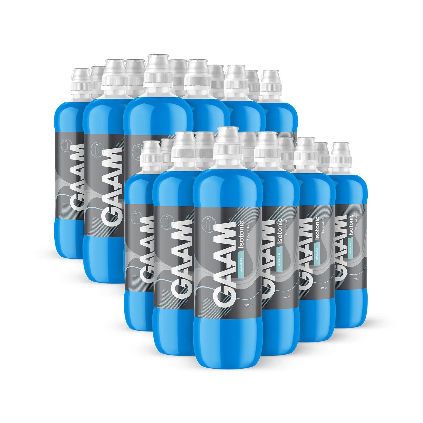 24 x GAAM Isotonic 500 ml sportdryck i plastflaskor med blå vätska och vit sportkork för smaken Blue Blast., bild 1 av 1