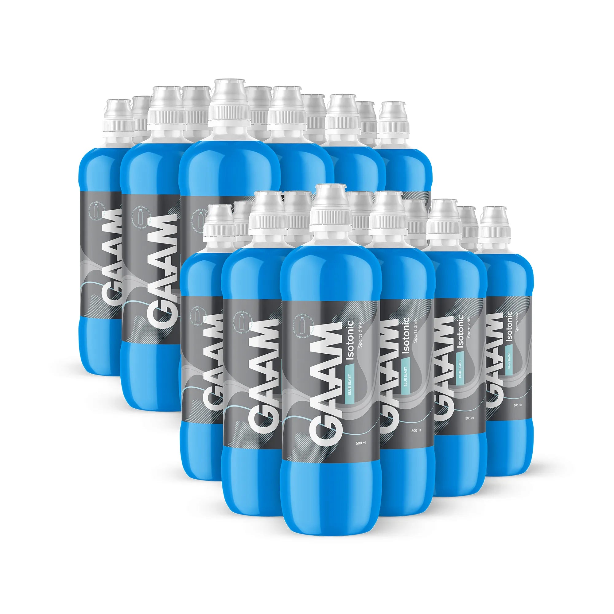 24 x GAAM Isotonic 500 ml sportdryck i plastflaskor med blå vätska och vit sportkork för smaken Blue Blast., bild 1 av 1