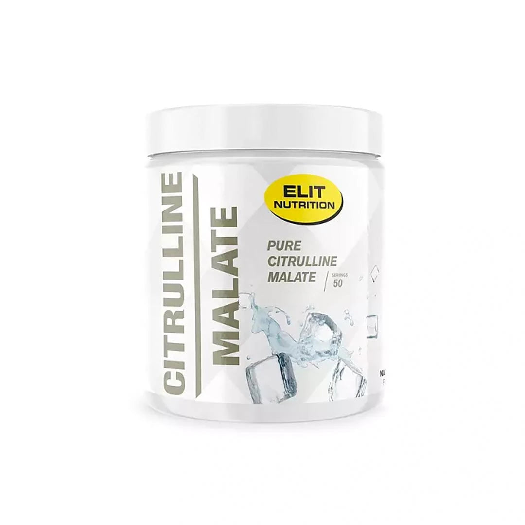 Elit Nutrition Citrulline Malate 250 g aminosyror i pulverform, förpackad i en vit burk med isbitar på etiketten.