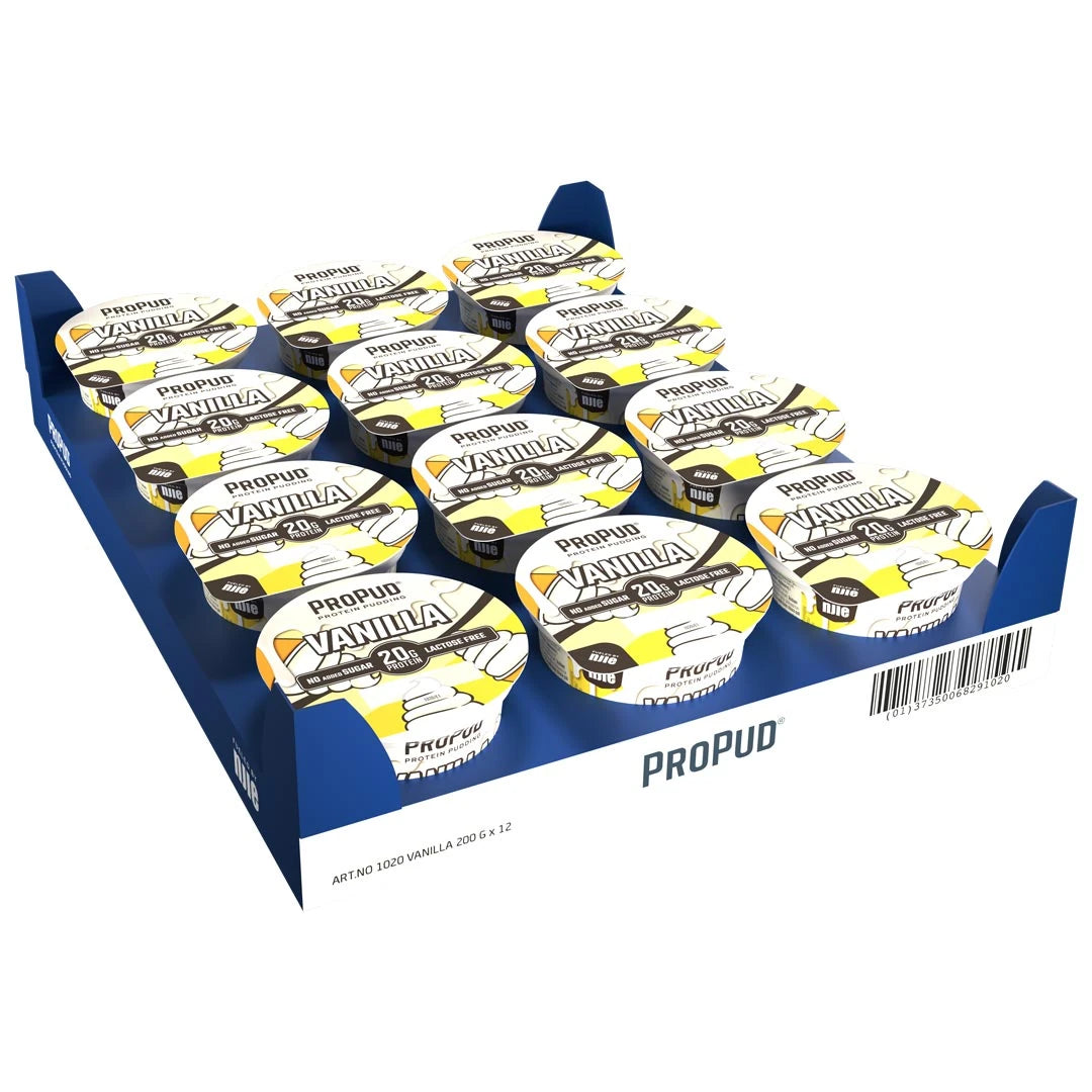 12 x NJIE ProPud 200 g Vanilla laktosfri proteinpudding i vita burkar med gula detaljer på en blå bricka.