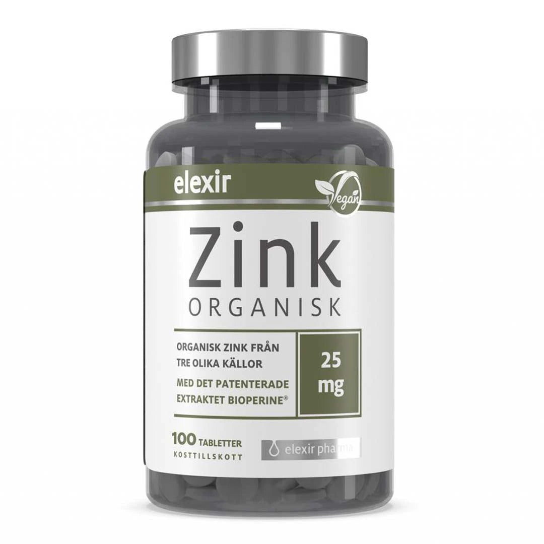 Elexir Pharma Organic Zink 100 tabs kosttillskott i en mörk burk med vit och grön etikett samt silvrigt lock.