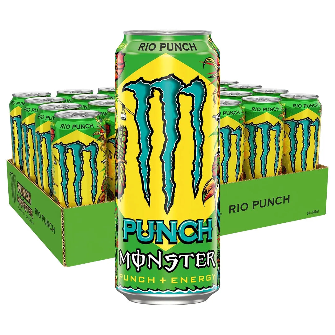 24 x Monster Energy 500 ml Juiced Rio Punch i ett grönt flak med gul och gröna burkar.