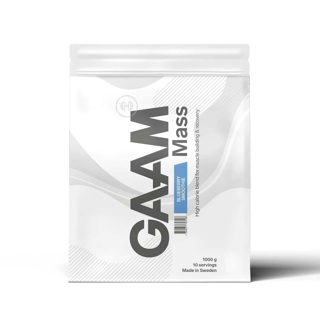 GAAM 100% MASS Premium 1 kg gainer i en vit påse med ljusblå detaljer för smaken Blueberry Smoothie.
