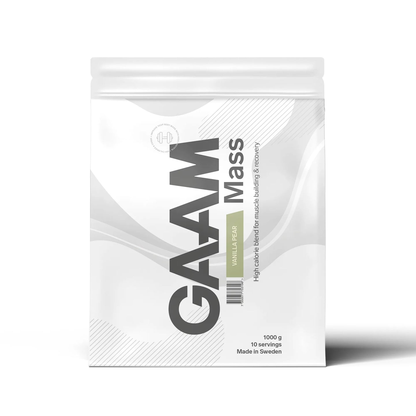 GAAM 100% MASS Premium 1 kg gainer i en vit påse med gråa detaljer för smaken Vanilla Pear., bild 7 av 9