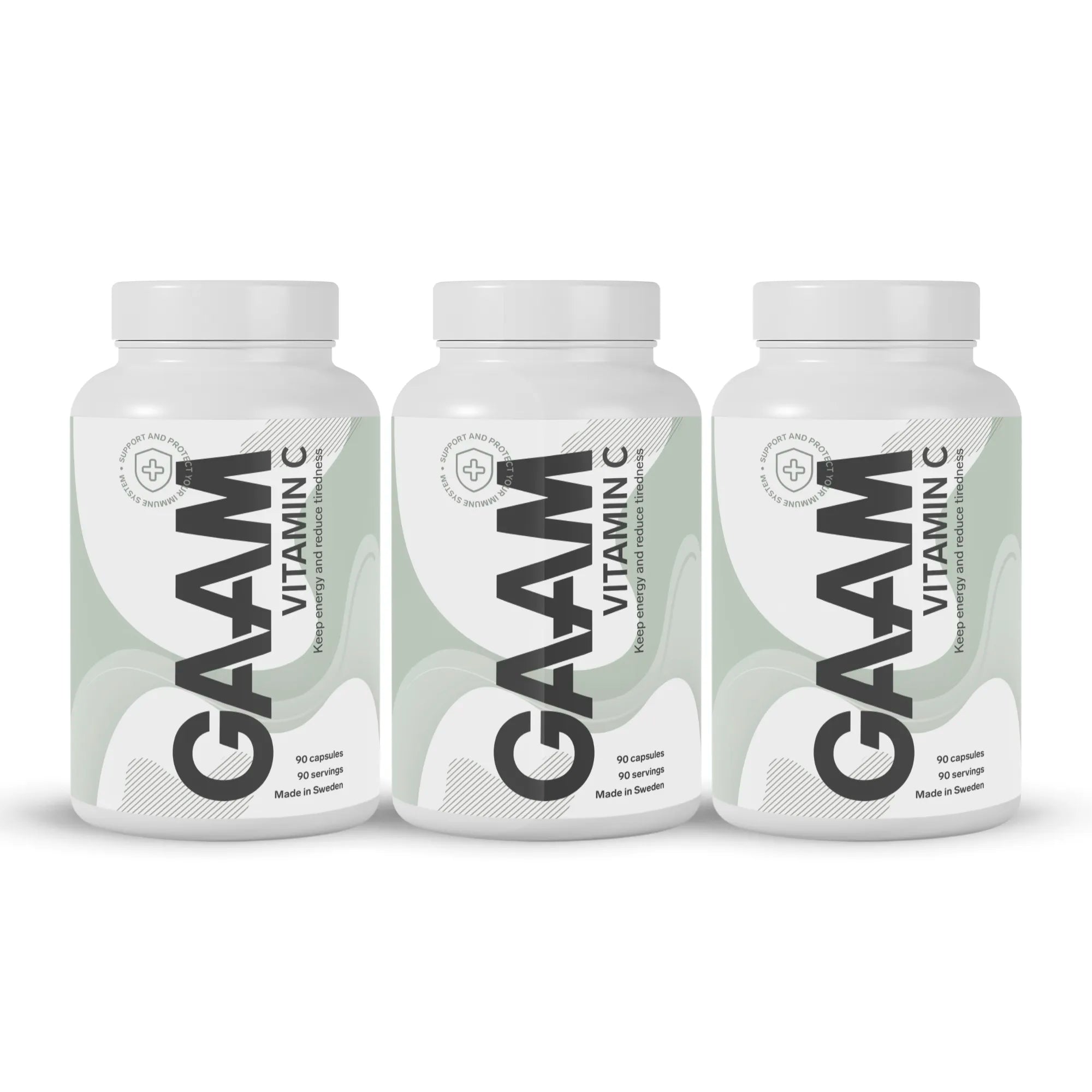 GAAM Vitamin C 270 caps fördelat på tre vita burkar med ljusgröna och gråa detaljer.