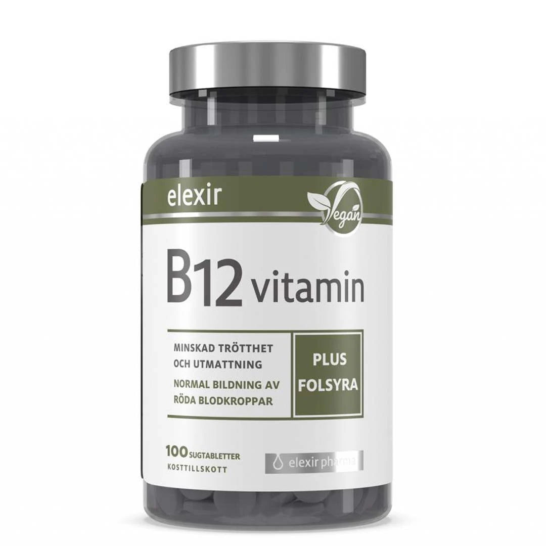 Elexir Pharma B12 Vitamin 100 tabs i en mörk burk med silverfärgat lock och vit etikett med gröna detaljer.