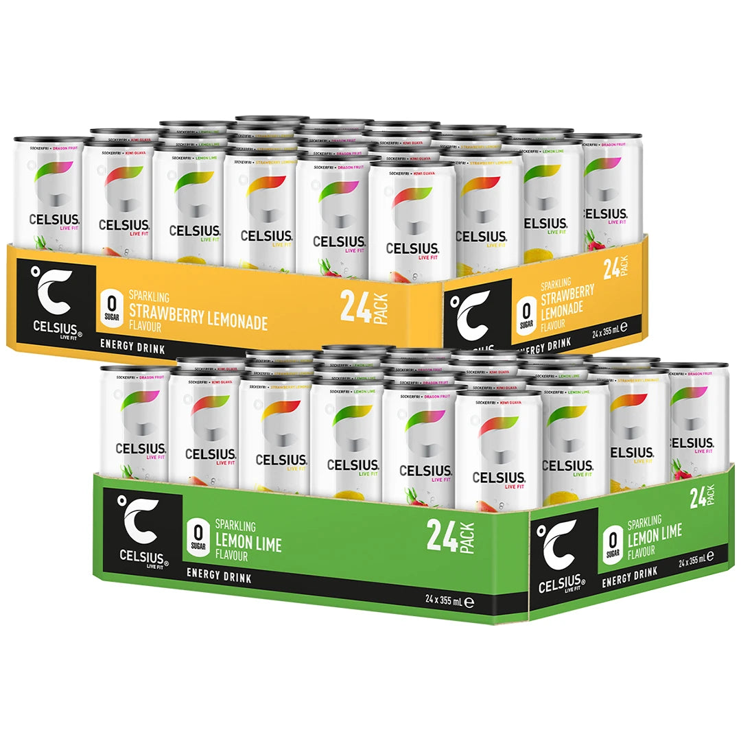 48 x Celsius 355 ml Mixflak med två flak energidryck i smakerna Strawberry Lemonade och Lemon Lime.