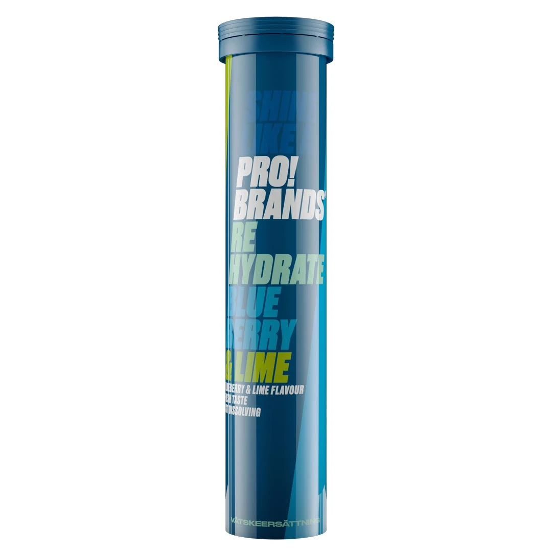 Pro Brands Rehydrate 20 Tabs vätskeersättning i ett blått rör med smak av Blueberry Lime.