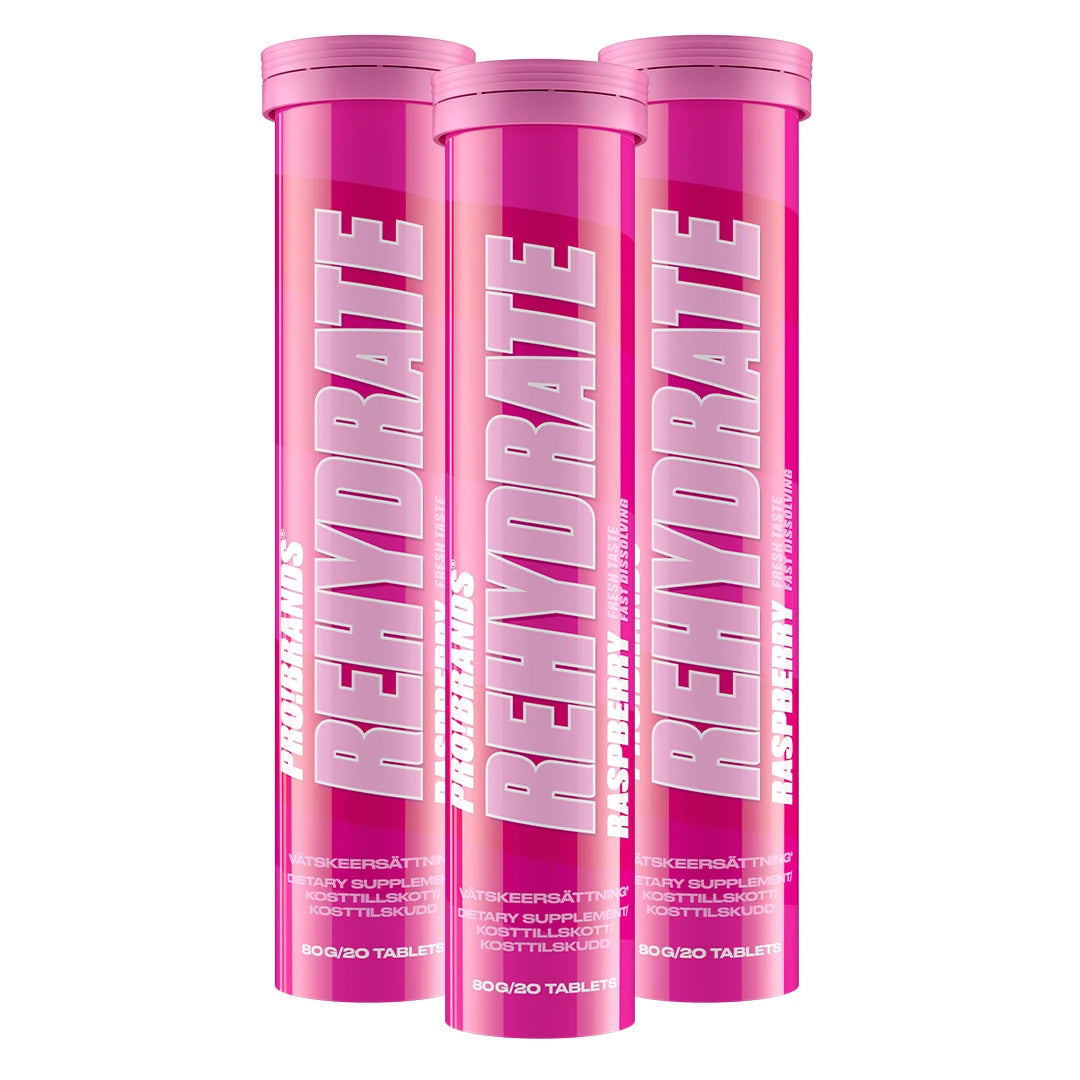 3 x Pro Brands Rehydrate 20 Tabs vätskeersättning i tre rosa rör med smaken Raspberry., bild 1 av 1