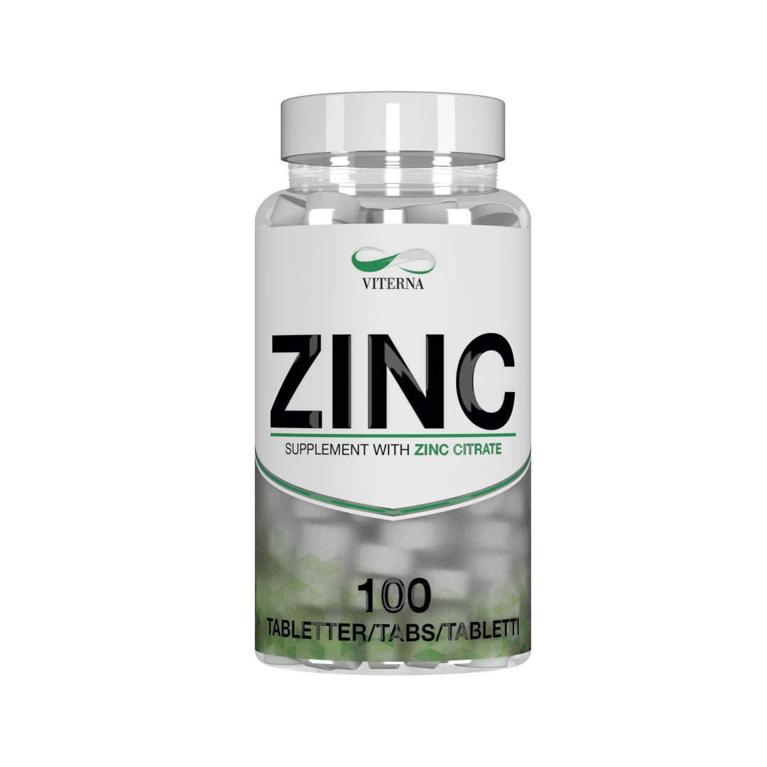 Viterna Zinc 100 caps i en genomskinlig burk med vit etikett, gröna detaljer och synliga vita tabletter.