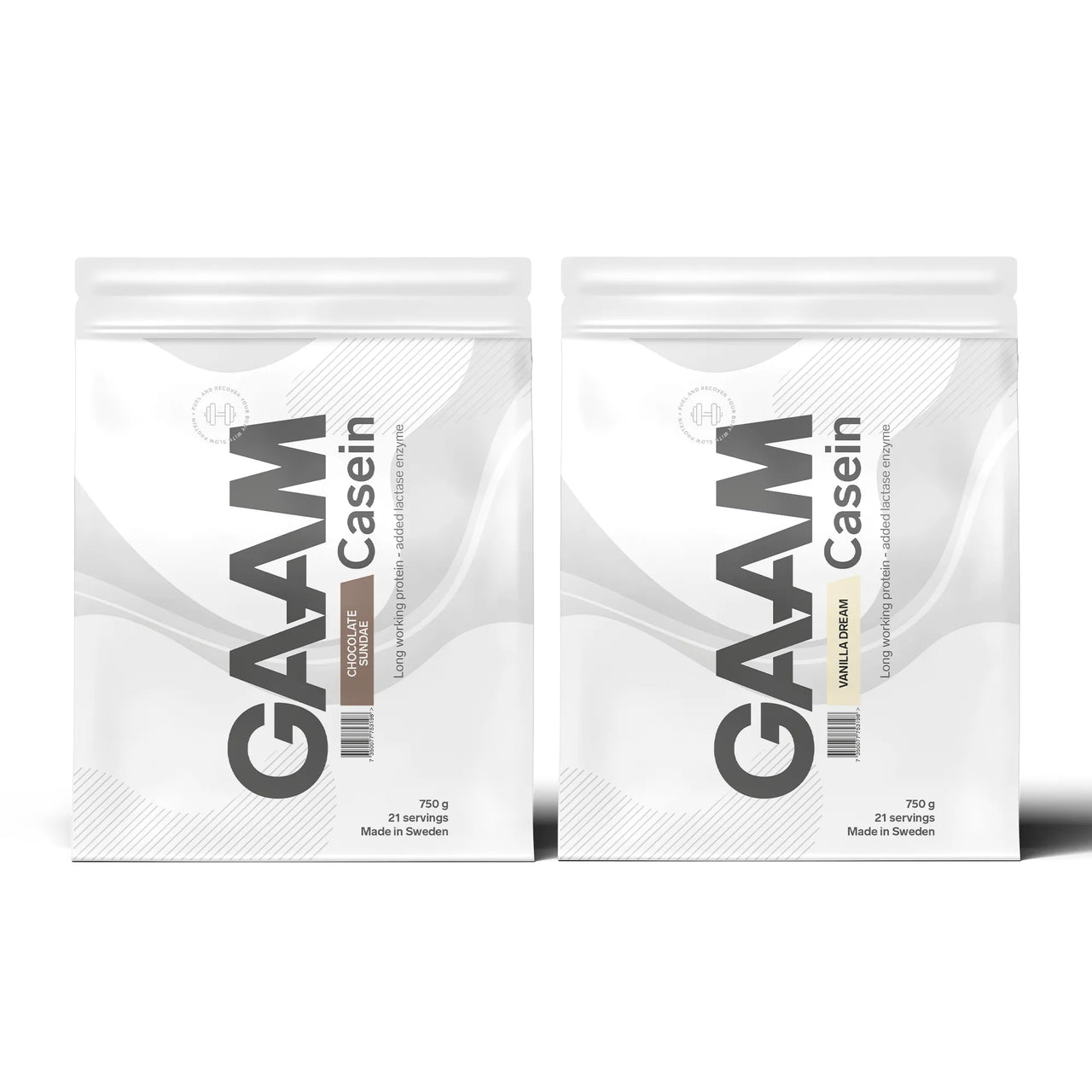 2 x GAAM Casein Kaseinprotein 750 g i två vita påsar med grå detaljer för smakerna Chocolate Sundae och Vanilla Dream.