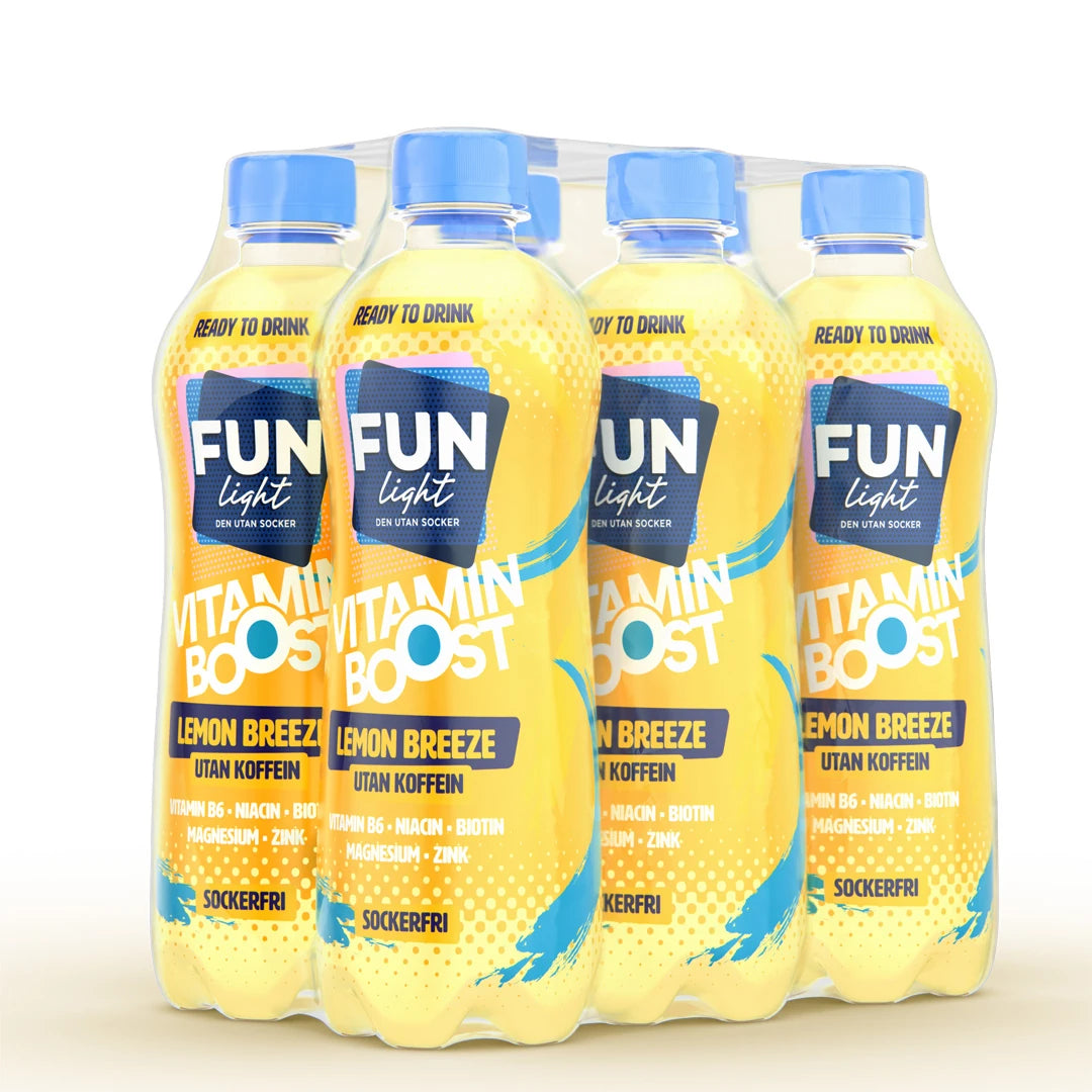 6 x Fun Light Vitamin Boost 500 ml Lemon Breeze i ett smidigt 6-pack med genomskinliga flaskor och blåa korkar.