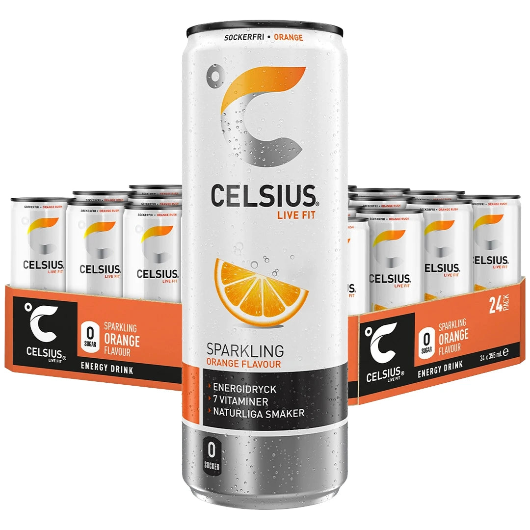 24 x Celsius 355 ml Sparkling Orange i ett svart och orange flak med vita energidrycksburkar prydda av en apelsinskiva.