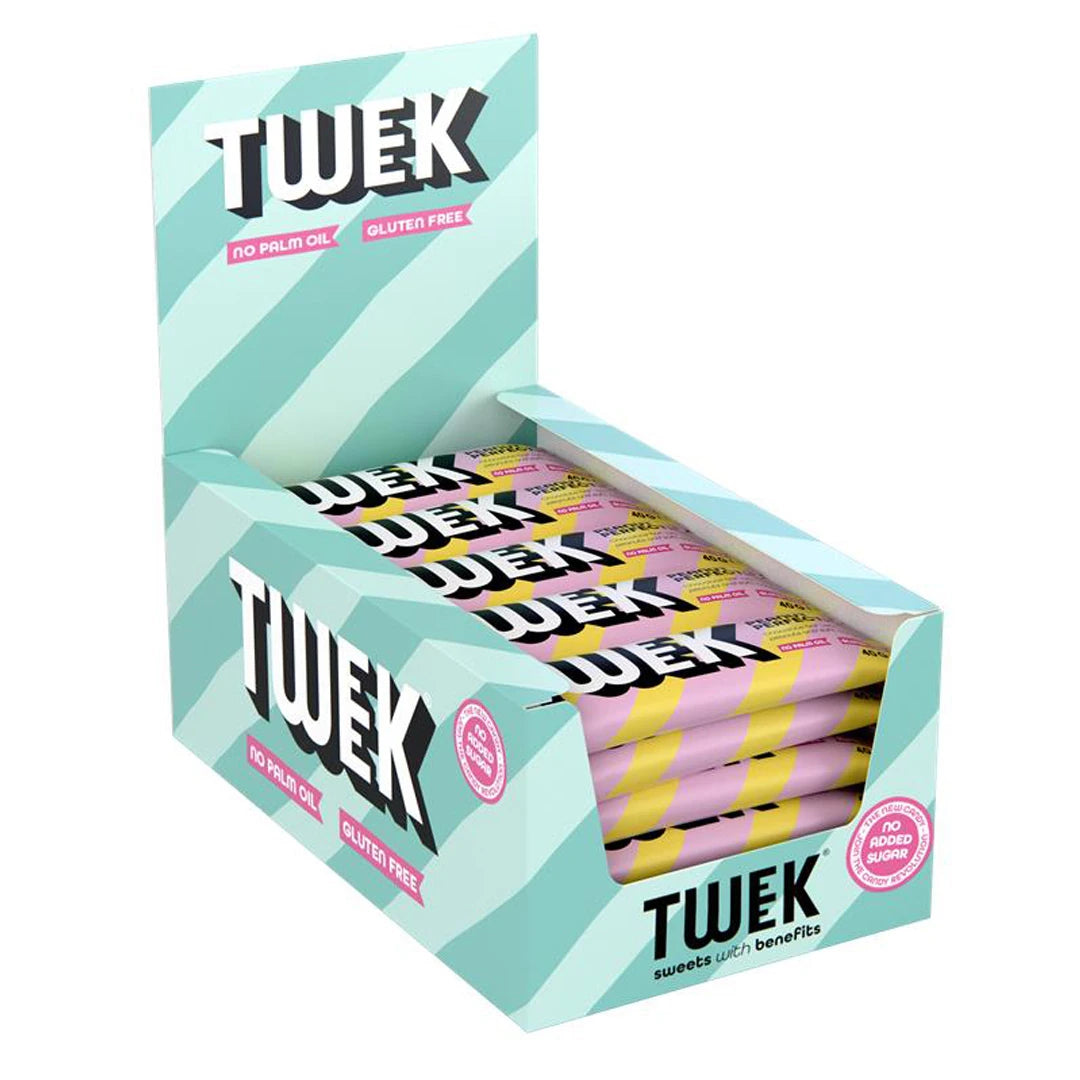 20 x Tweek Sweets Bar 40 g Mixlåda i en mintgrön och vitrandig displaylåda fylld med chokladbars i rosa och gula omslag., bild 1 av 1