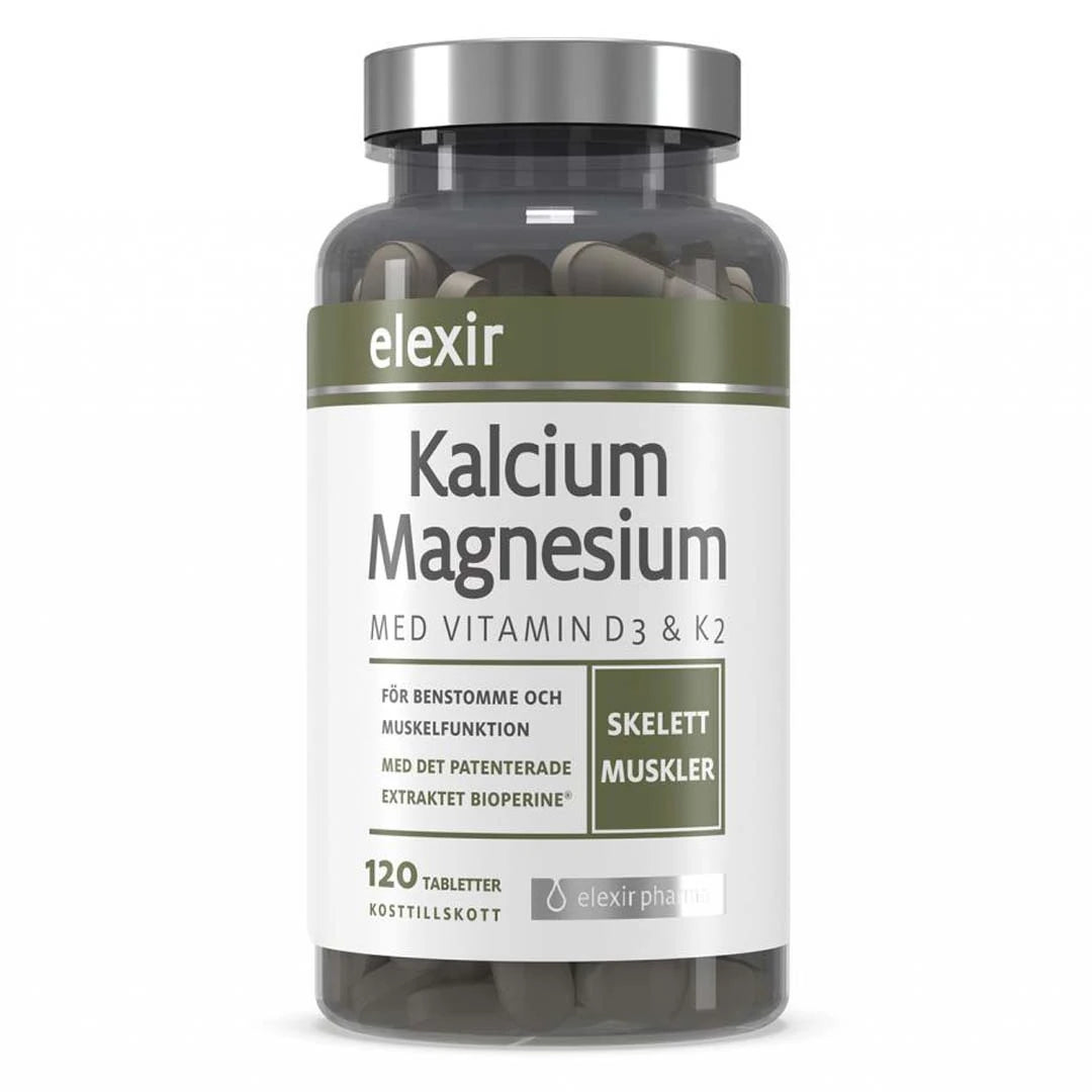 Elexir Pharma Kalcium & Magnesium 120 tabs i en transparent burk med vit och grön etikett och ett silverfärgat lock.