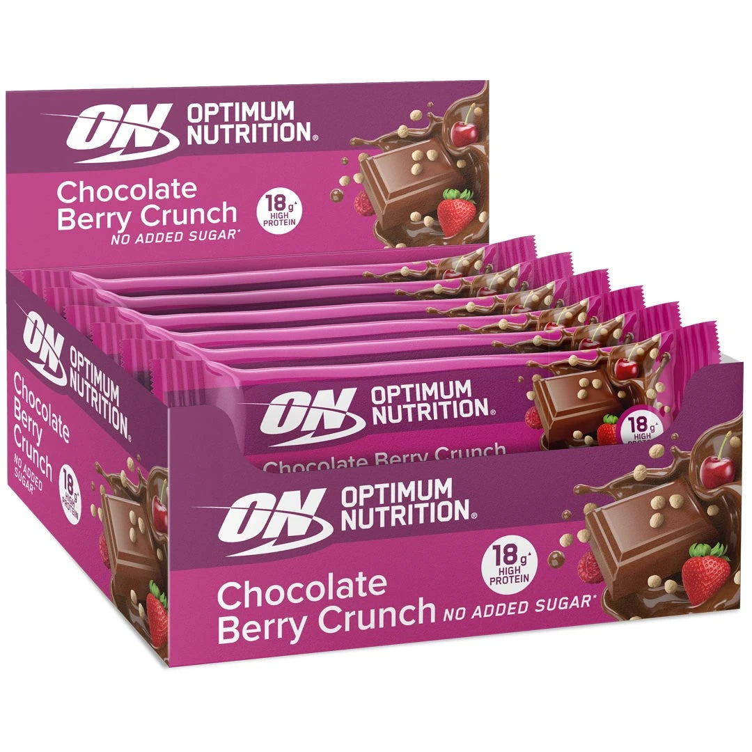 12 x Optimum Nutrition Chocolate Protein Bar 55 g Berry Crunch i en rosa displaybox med choklad- och bärdetaljer.