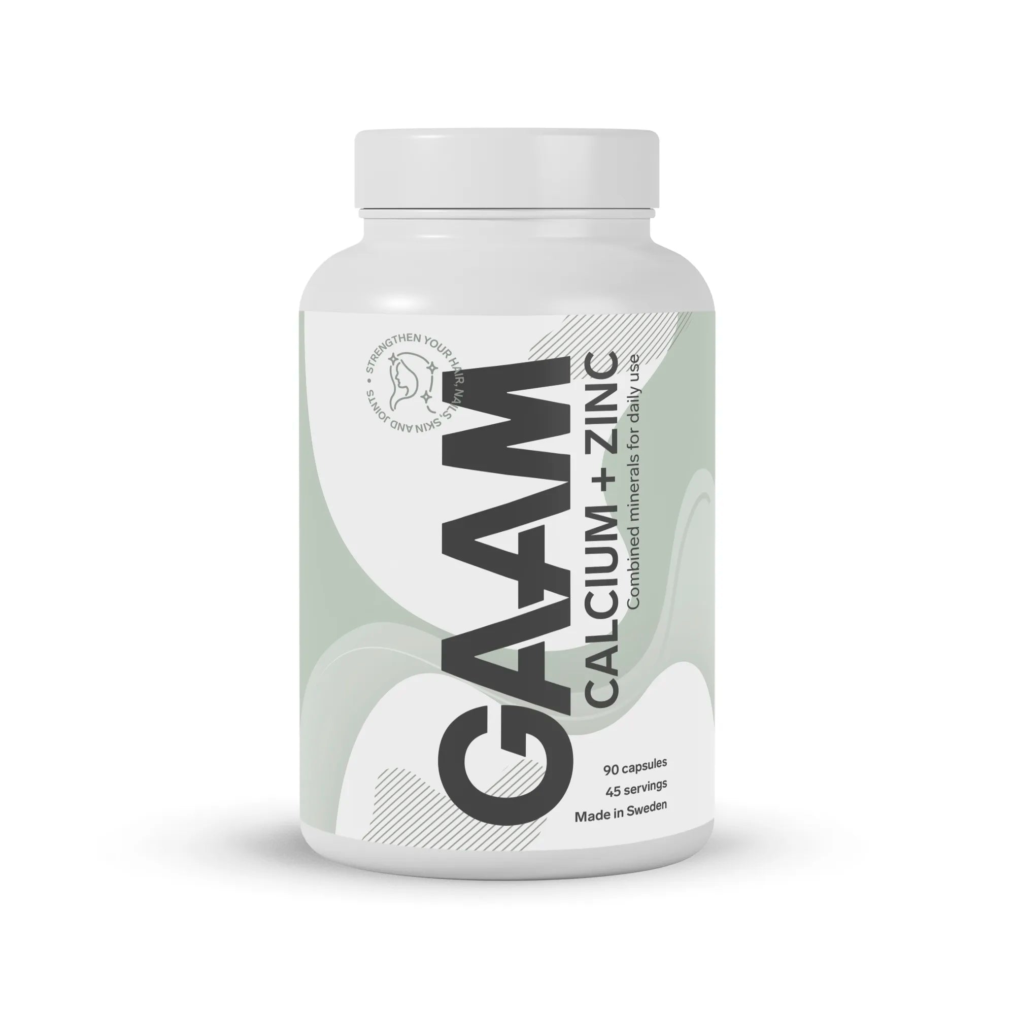 GAAM Calcium + Zinc 90 caps i en vit burk med grågröna detaljer och svart text.