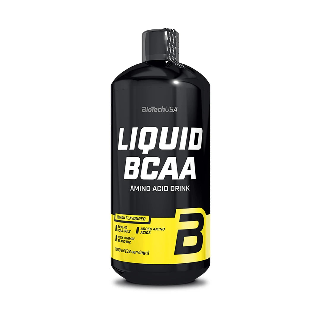 BioTechUSA Liquid BCAA 1 l aminosyror i en svart flaska med gula detaljer och texten Lemon Flavoured.