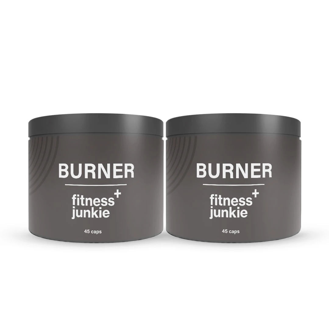 2 x fitnessjunkie Burner 45 caps fettförbrännare i två mörkgrå burkar med stilren vit text.