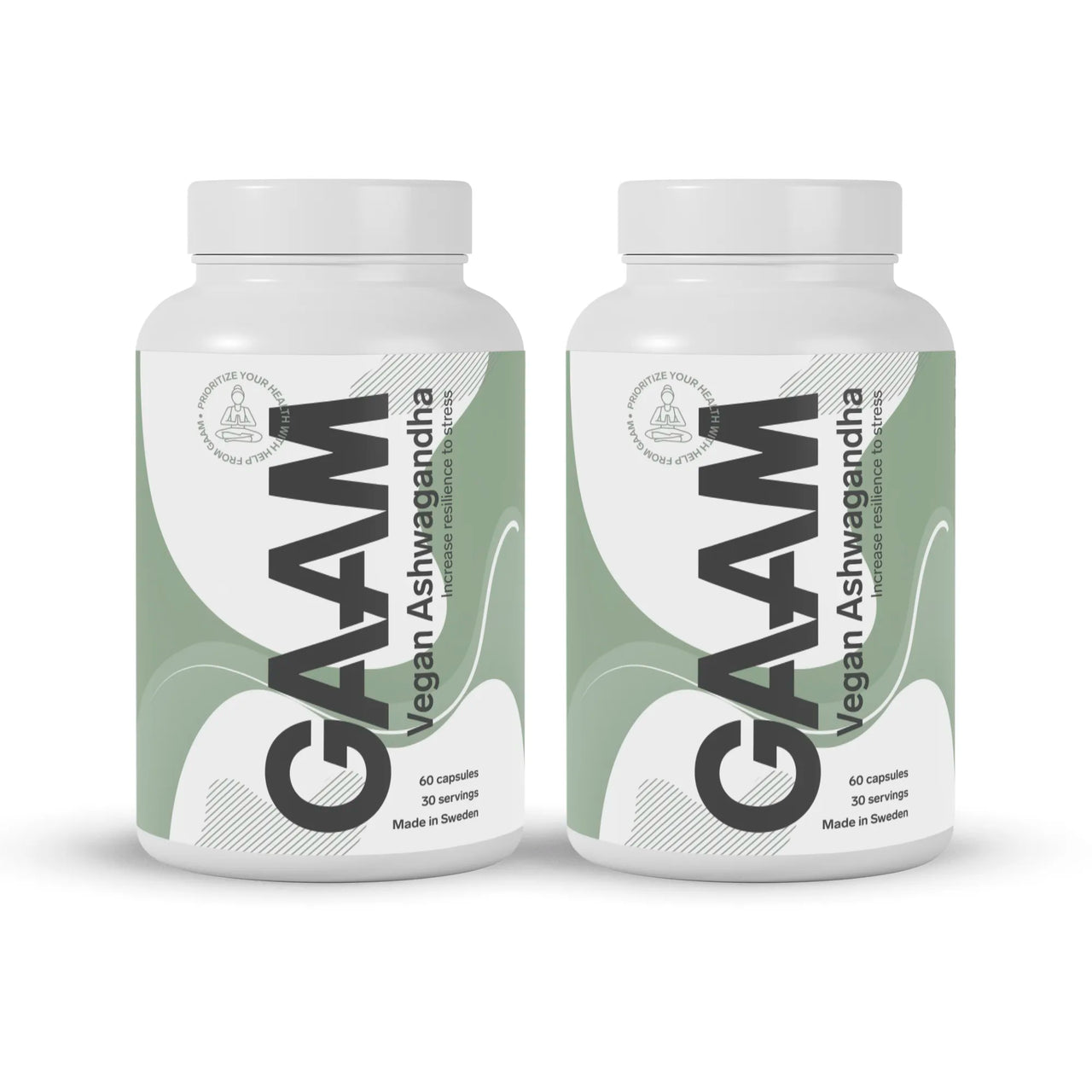 2 x GAAM Vegan Ashwagandha 60 caps i två vita burkar med gröna detaljer och svart text.