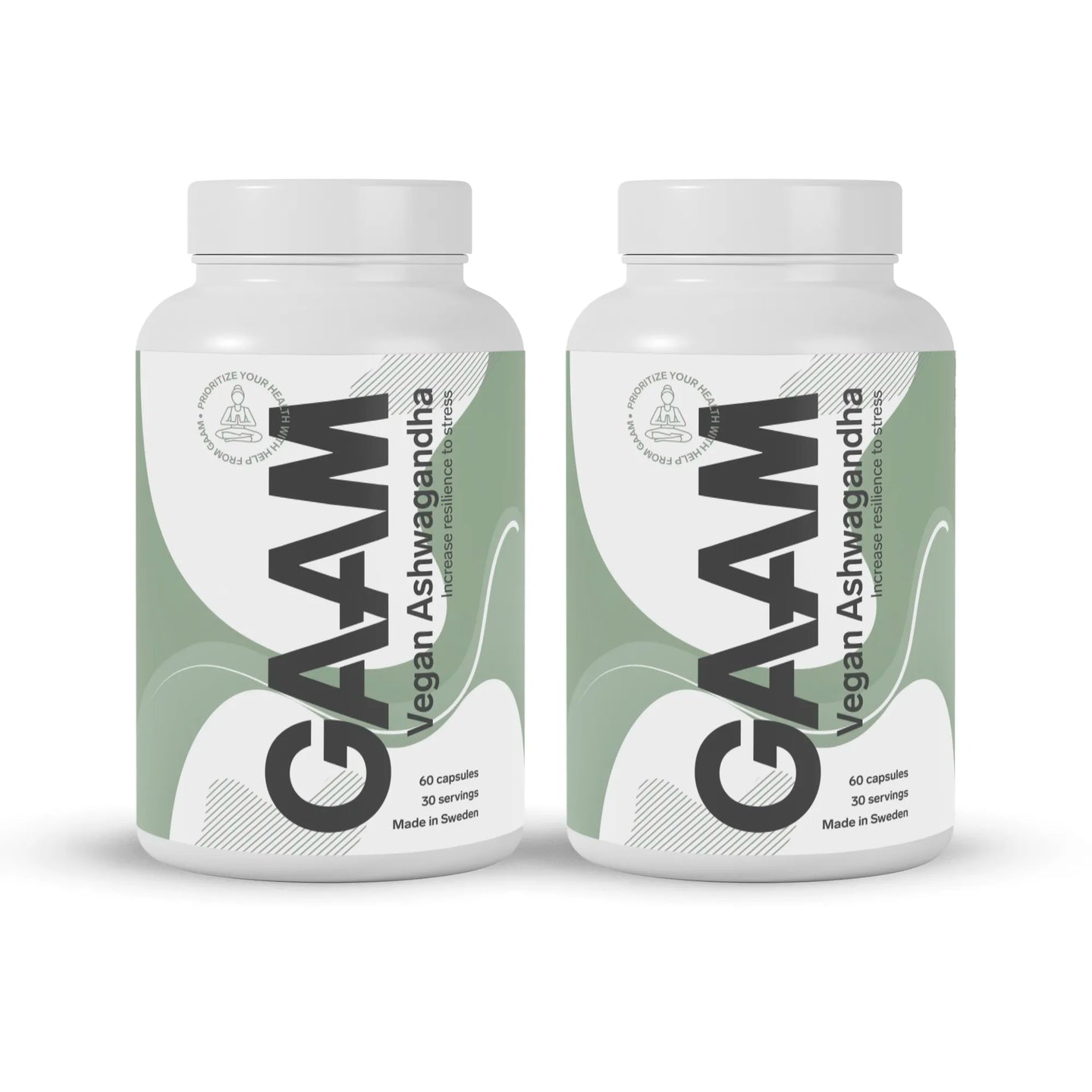 2 x GAAM Vegan Ashwagandha 60 caps i två vita burkar med gröna detaljer och svart text.