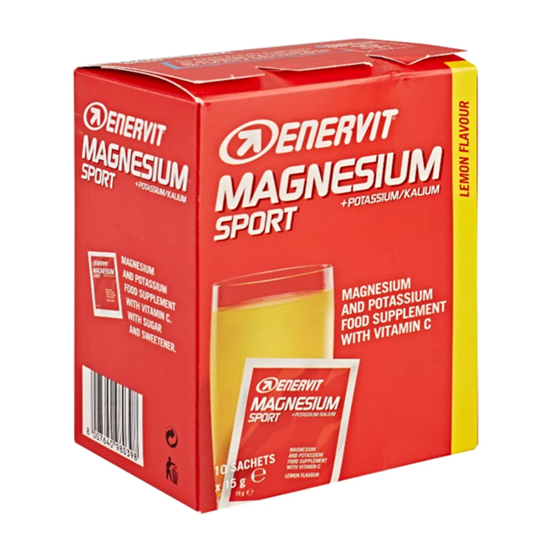 ENERVIT Magnesium Sport Mineral Dryck 10 x 15 g kosttillskott i en röd och gul kartong med citronsmak.