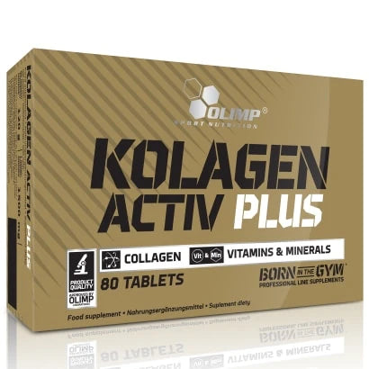 Olimp Kolagen Activ Plus 80 tabs, kosttillskott i en guldfärgad ask med svart och vit text.