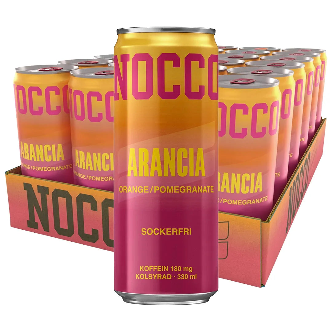 24 x NOCCO BCAA 330 ml Arancia i ett flak med matchande burkar i en orange och rosa färgtoning.