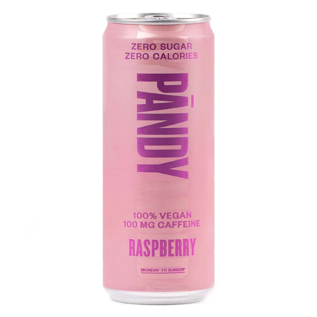 Pändy Soda 330 ml koffeindryck i en ljusrosa burk med lila detaljer för smaken Raspberry.