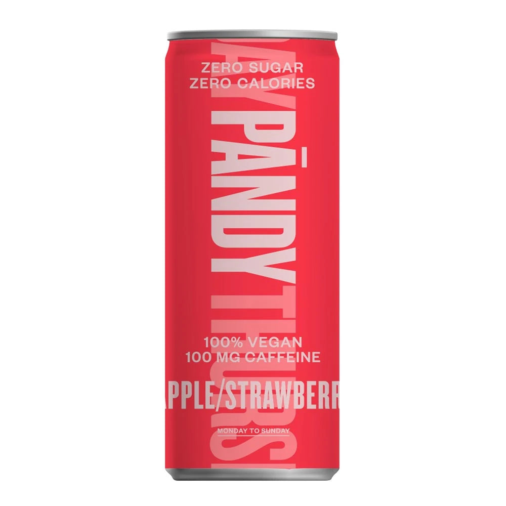 Pändy Soda 330 ml koffeindryck i en röd burk med vit text för smaken Apple Strawberry.