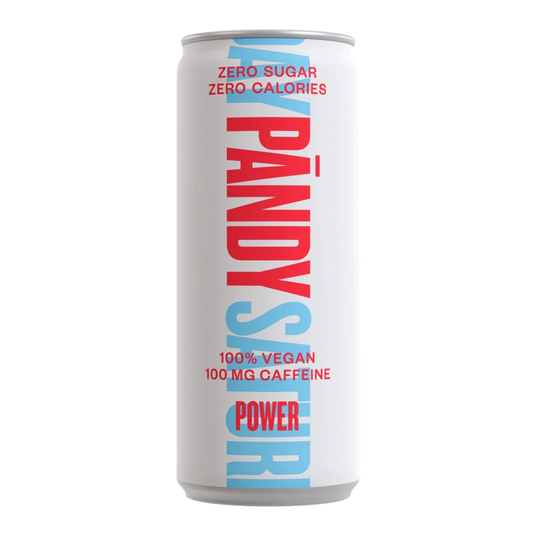 Pändy Soda 330 ml sockerfri energidryck i en vit burk med röd och ljusblå text för smaken Power.