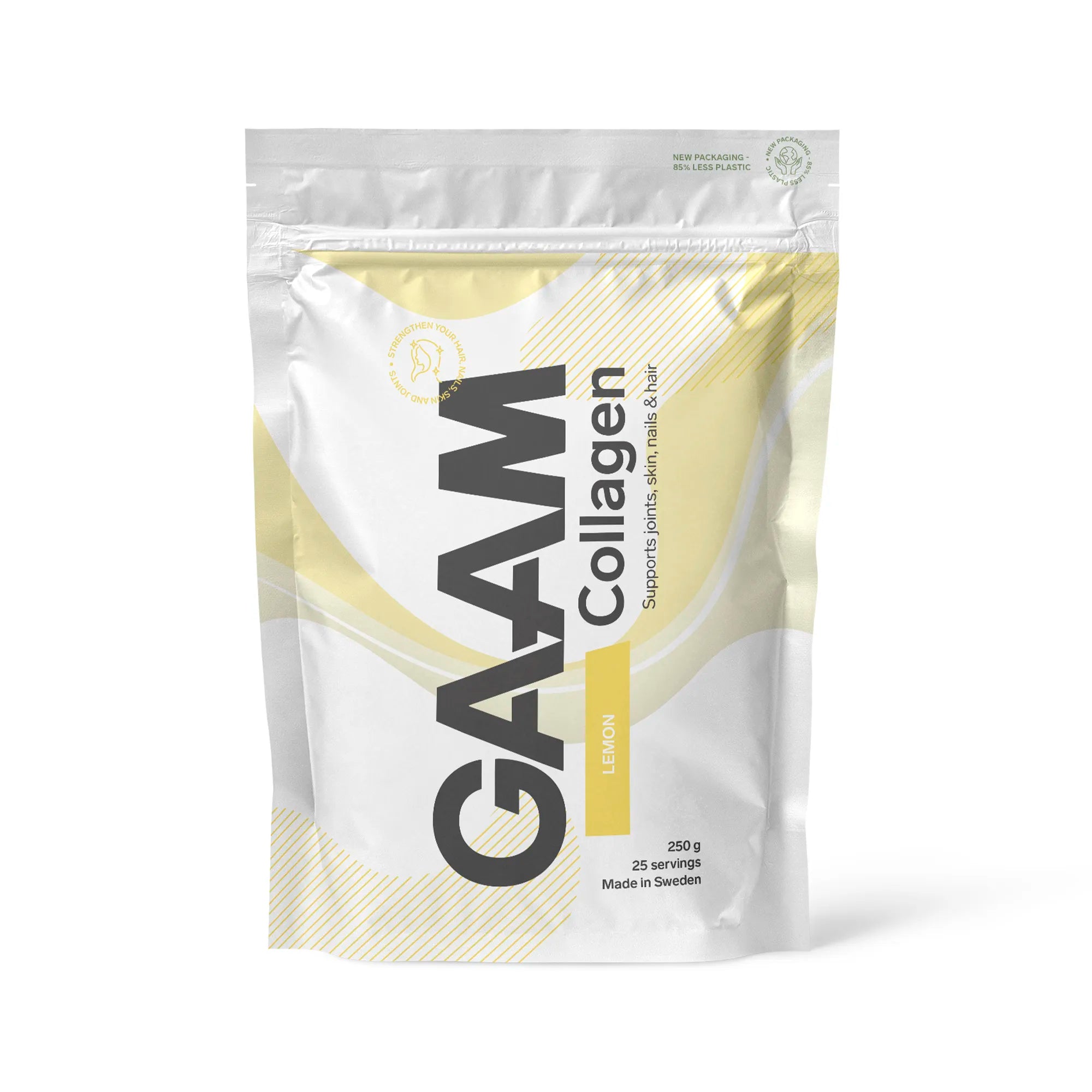 GAAM Collagen 250 g kollagenpulver i en vit påse med gula detaljer för smaken Lemon., bild 4 av 4