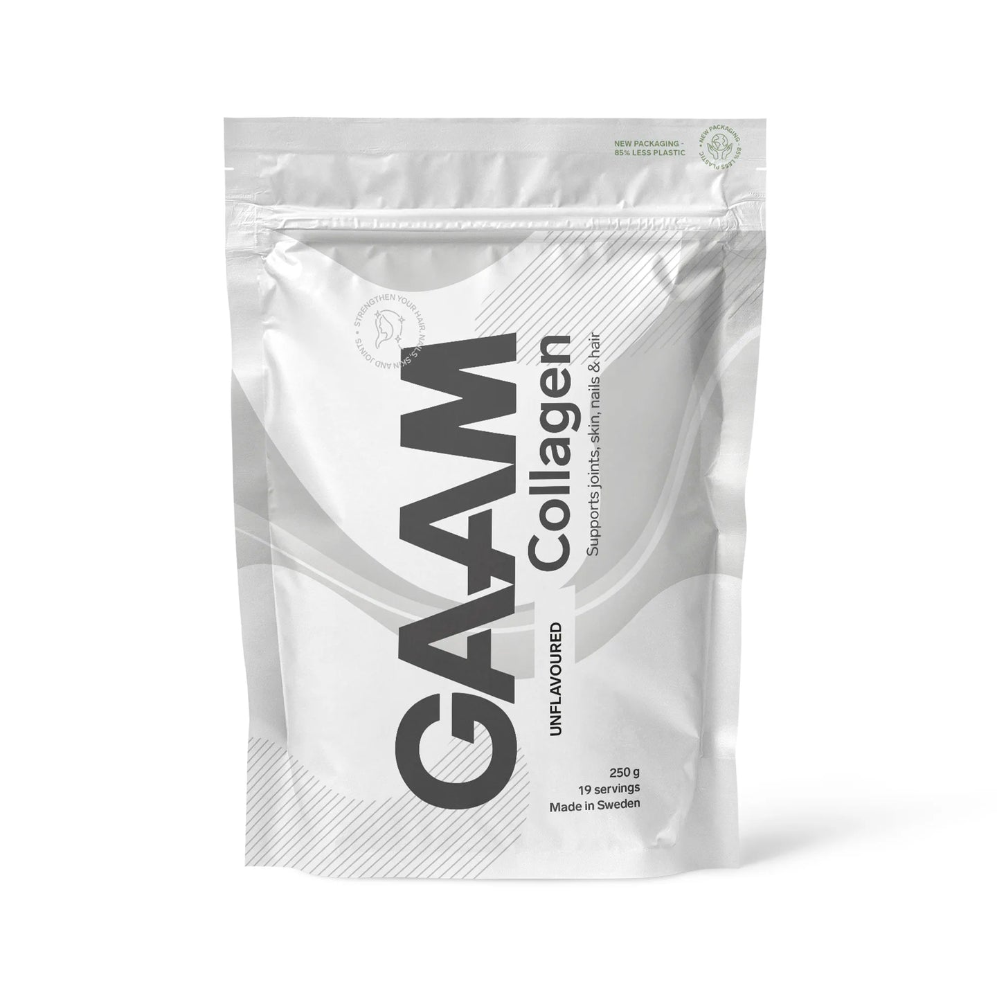 GAAM Collagen 250 g kollagenpulver i en vit påse med mörkgrå text för varianten Unflavoured., bild 3 av 4