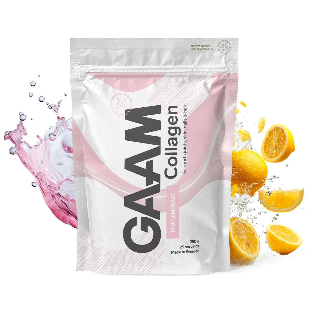 GAAM Collagen 250 g kosttillskott i en vit påse med rosa detaljer, smak Pink Lemonade, med citronskivor och stänk i bakgrunden.