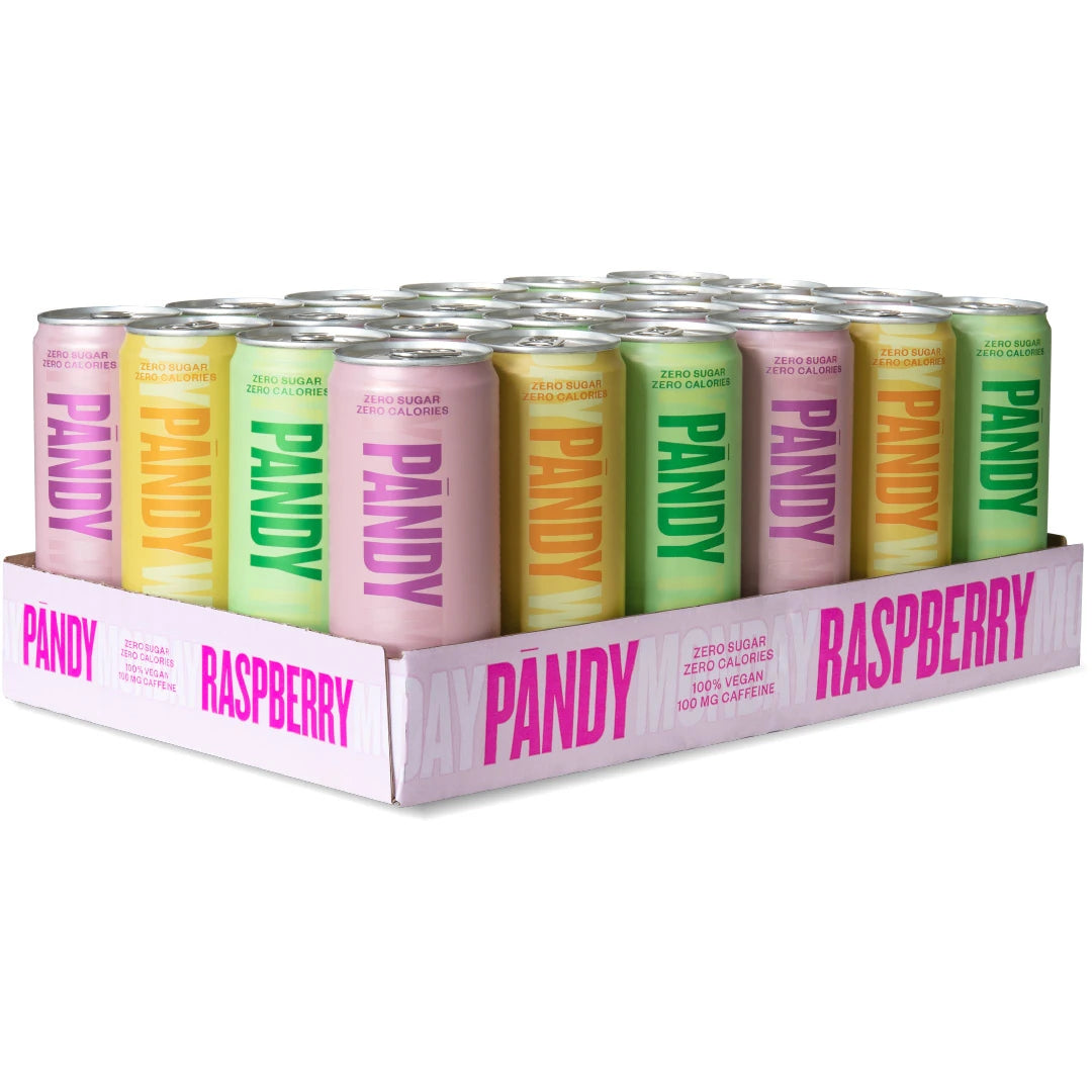 24 x Pändy Soda Energy Drink 330 ml Mixflak fyllt med färgglada energidrycksburkar i rosa, orange och grönt.