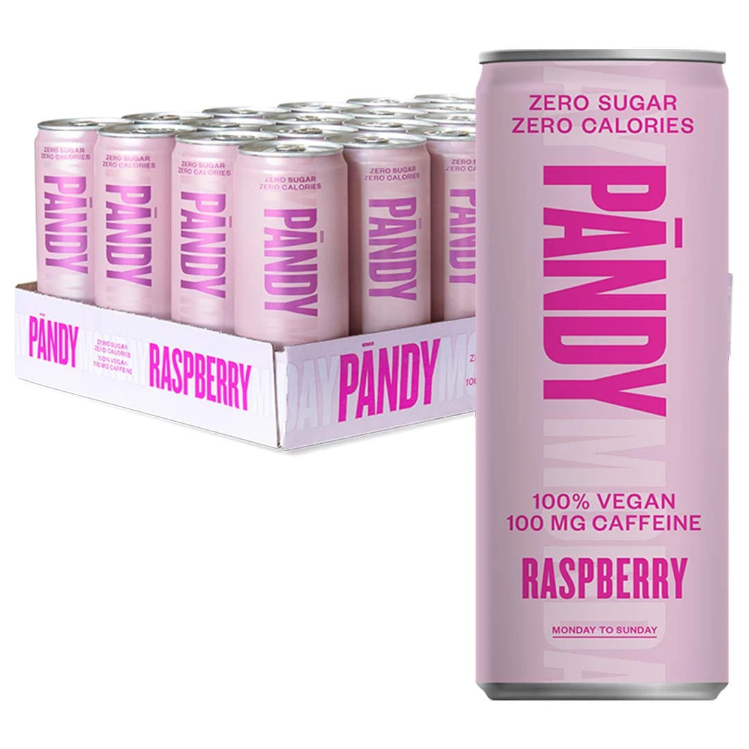 24 x Pändy Soda Energy Drink 330 ml Raspberry i ett ljusrosa flak med matchande energidrycksburkar.