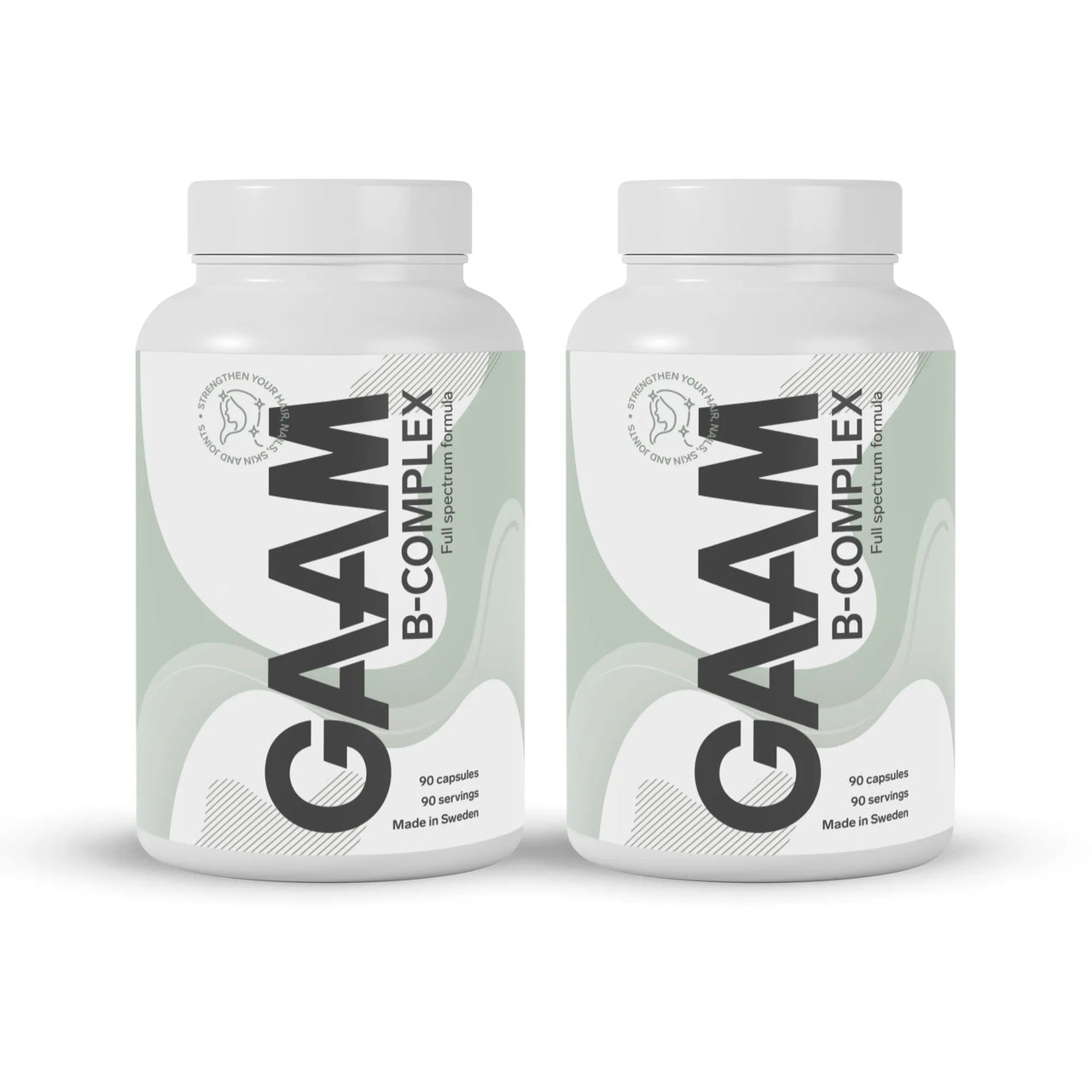 2 x GAAM B-Complex 90 caps kosttillskott i två vita burkar med ljusgröna detaljer.