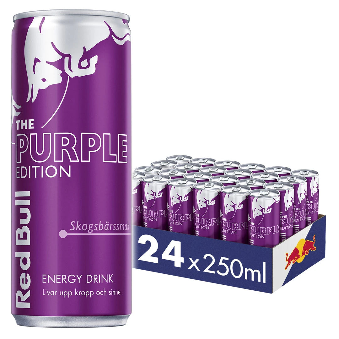24 x Red Bull Energidryck 250 ml Purple Edition - Skogsbär i ett blått flak med lila burkar och silverdetaljer.