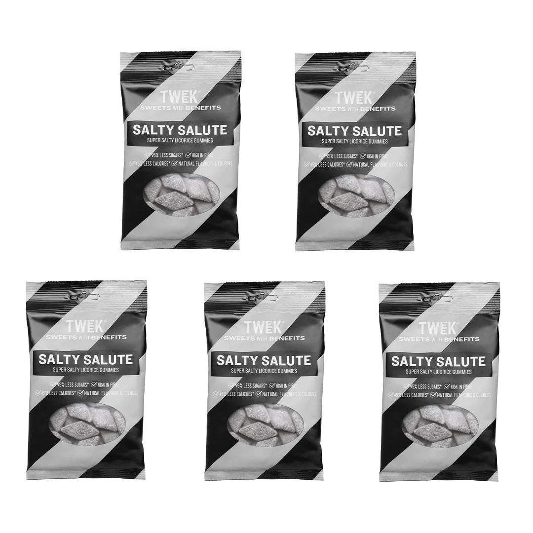 5 x Tweek Sweets 80 g Salty Salute godis i svarta och gråa påsar med super salty licorice gummies.