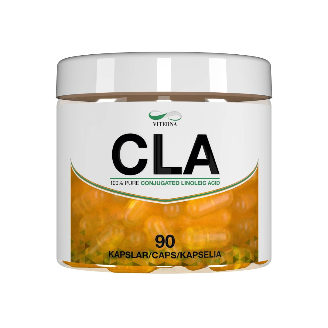 Viterna CLA 90 caps kosttillskott i en genomskinlig burk med vit etikett och orangea kapslar.