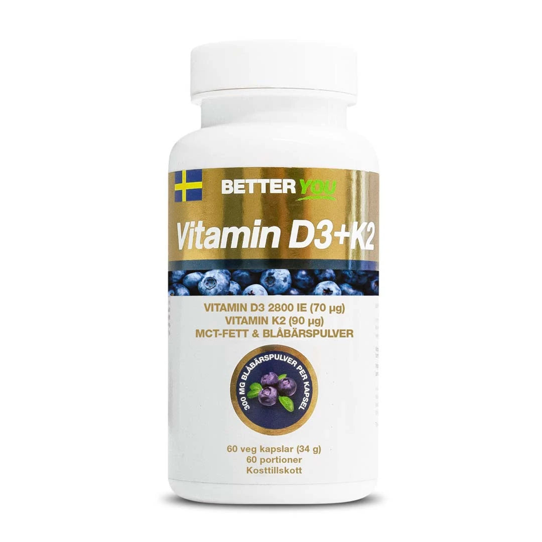 Better You Vitamin D3+K2 60 caps för immunsystemet, förpackad i en vit burk med blåbärsmotiv och gulddetaljer.